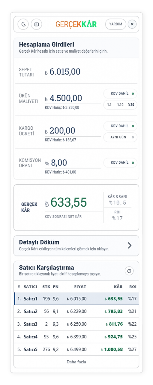 Gerçek Kâr Chrome eklentisi hesaplama, döküm ve satıcı karşılaştırma ekranı