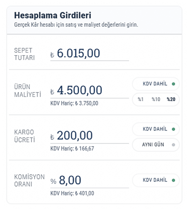 Gerçek Kâr hesaplama girdileri ekranı